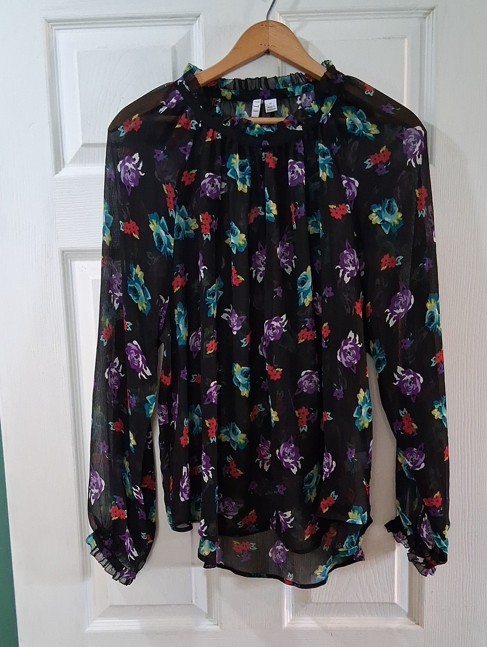 Elle Black Sheer Floral Ruffled Neck Blouse